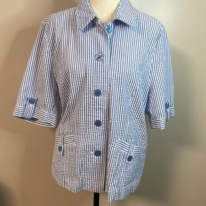 Vintage | Coastal Grandma Blue & White Striped Seersucker Style Jacket - Size 16